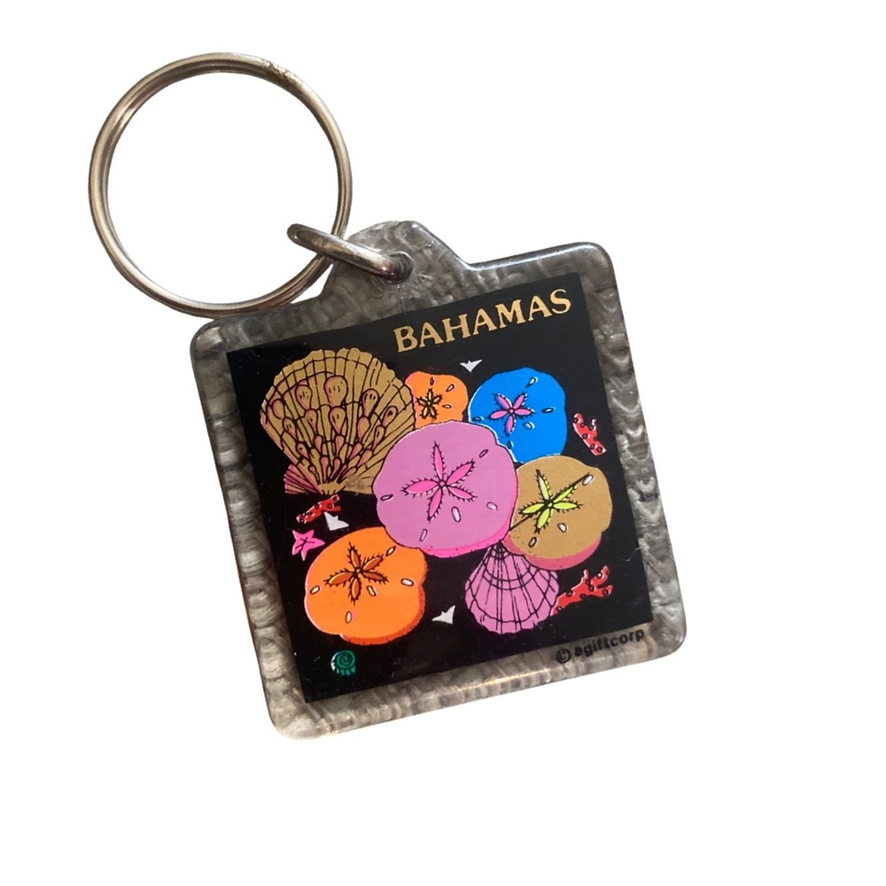 Vtg 90s Bahamas Souvenir Keychain Colorful Shells Sand Dollars Acrylic Square